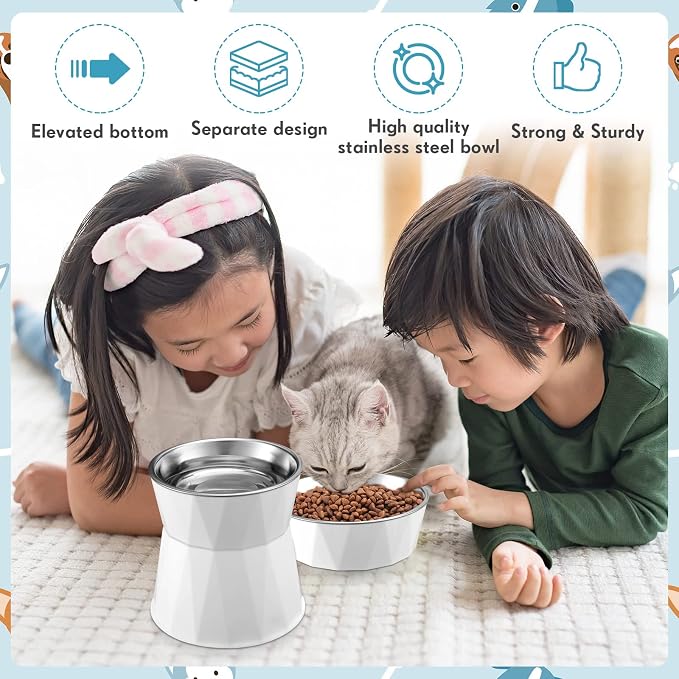 Lallisa 2 Pcs Elevated Cat Bowls Adjustable Raised Cat Feeder Non Slip Food Water with Stand Safe Stainless Steel Bowls with Pet Food Stand for Pets Feeding Eating(White)