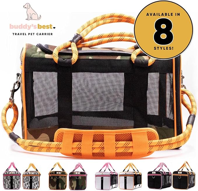 Buddy's Best Airline Approved Pet Carrier – White & Pink Heavy Duty, Fits Under Seat, TSA Compliant, Ventilated Mesh Design w/Waterproof Base & Reflective Safety Strips