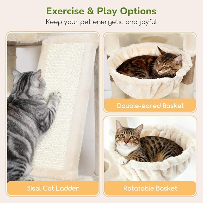 Globlazer Extra Large Cat Tree Tower 80in XXL Tall Cat Tree for Multiple Indoor Cats Large Adult Kittens with Scratching Posts, 2 Widened Perches, Adjustable Baskets, 2 Cozy Cat Condos, S80G, Beige