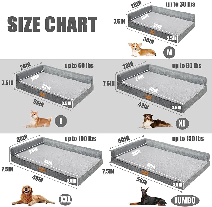 Patas Lague Orthopedic Large Dog Bed Pet Sofa Beds 36''X24'' Grey | L Bolster Egg-Crate Foam Dog Couch For Large Sized Dogs, Waterproof Removable Washable Cover, Pet Mat with Nonskid Bottom