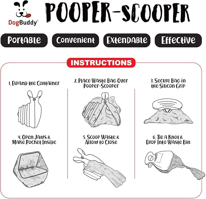 DogBuddy Pooper Scooper, Portable Dog Pooper Scooper, Poop Scooper for Small and Large Dogs, Pooper Scooper With Bag Attachment, Leash Clip and Dog Waste Bags Included (Medium, Mist)