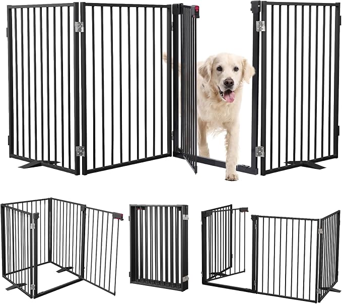 Metal Freestanding Dog Gates with Door,Extra Wide 24", 32" Height Foldable Dog Fence for Indoor & Outdoor, Heavy Duty Freestanding Pet Barrier for Stairs, Doorways, Halls, Kitchen,Yard,Christmas Tree