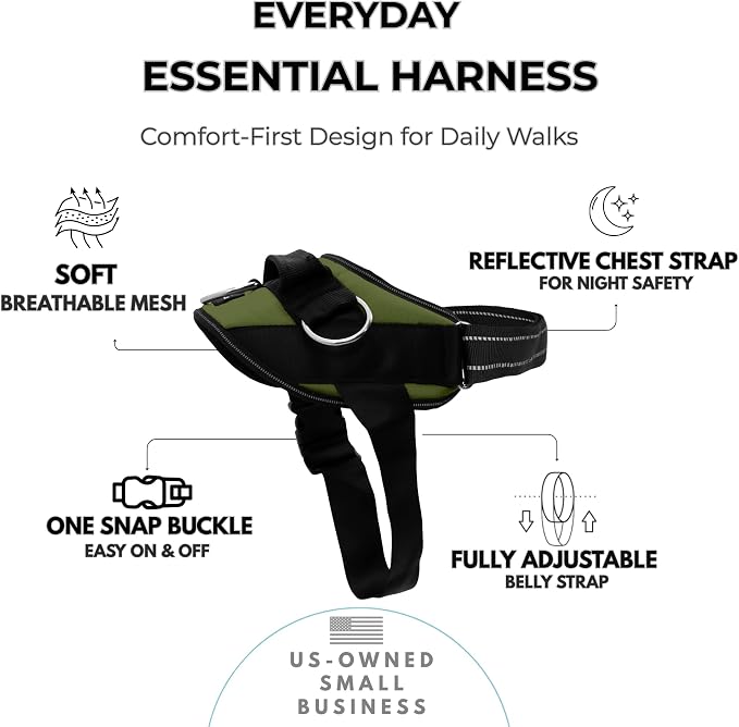 ShawnCo Essential Dog Harness, No-Pull Pet Vest with 3 Leash Clips, No Choke, Reflective, Adjustable and Padded, for Easy Walking and Training for Small, Medium and Large Dogs (Olive Green, M)