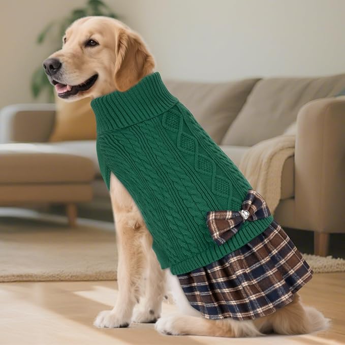 KYEESE Dog Sweater Dress Turtleneck Thick Knit Pullover for Cold Weather | Stretchy Fit, Lightweight & Warm, Cozy Knit Comfort, Cute Bow Accent, Gentle on Sensitive Skin, Comfortable Daily Wear
