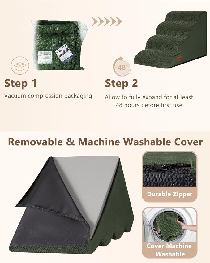 Aodisman Dog Steps for Bed or Couch,4 Step Pet Stairs for Small Dogs & Cat | Curved dog ramp help small dogs, senior cats and puppies get on and off couches and beds, non-slip bottom, 17.4" H,Green