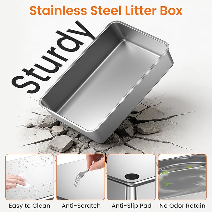 XXXXL Stainless Steel Litter Box with Lid,28.0" L × 20" W × 17" H Extra Large High Sided Cat Litter Box for Multi -Cats,Enclosed Metal Litter Box with Cat Scratcher and Scoop,Dark Gray