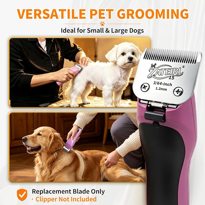 Size 15 Detachable Pet Grooming Clipper Blade with Ceramic Cutter, 1.2mm 3/64 Inch Cut Length, Silver, Compatible with Andis, Oster A5, Wahl KM10, 3 Pack