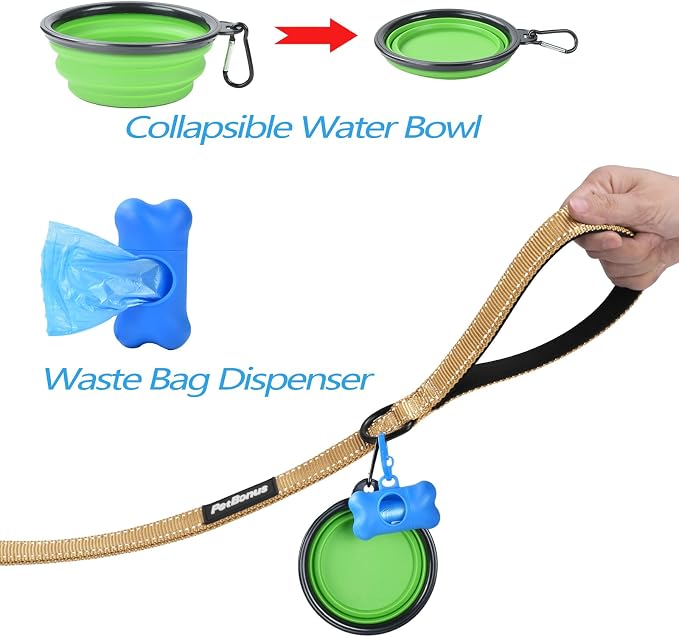 PetBonus Double Dog Leash, No Tangle Dual Leash, Walking Training Lead | 4 Comfortable Padded Handles, Adjustable, Reflective, For Two Large Medium Dogs, Collapsible Bowl and Waste Bags, Light Khaki