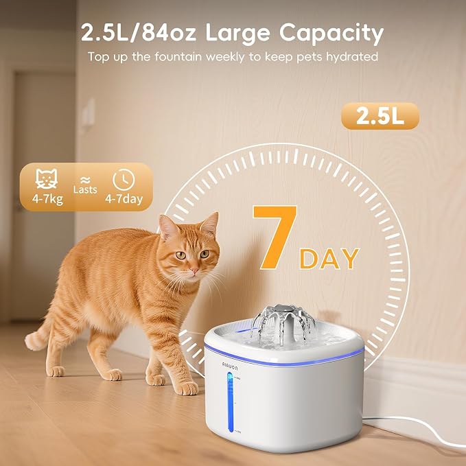 2.5L/84oz Cat Water Fountain, Ultra Quiet Pump & LED Blue Light | Pet Water Fountain with Ultra Quiet Low-Water Auto Shutoff Pump& LED Blue Light - for Pets Small Animals & 8 Filters