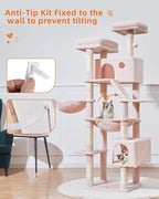 Taoqimiao Cat Tree, 71 in Extra Large Cat Tower for Inddor Cats, MS026LP | 2 Large Cat Condos, 2 Cute Perches, Metal Frame Cozy Hammock, Durable Scratch Board, 8 Natural Sisal Posts, Basket, Pink