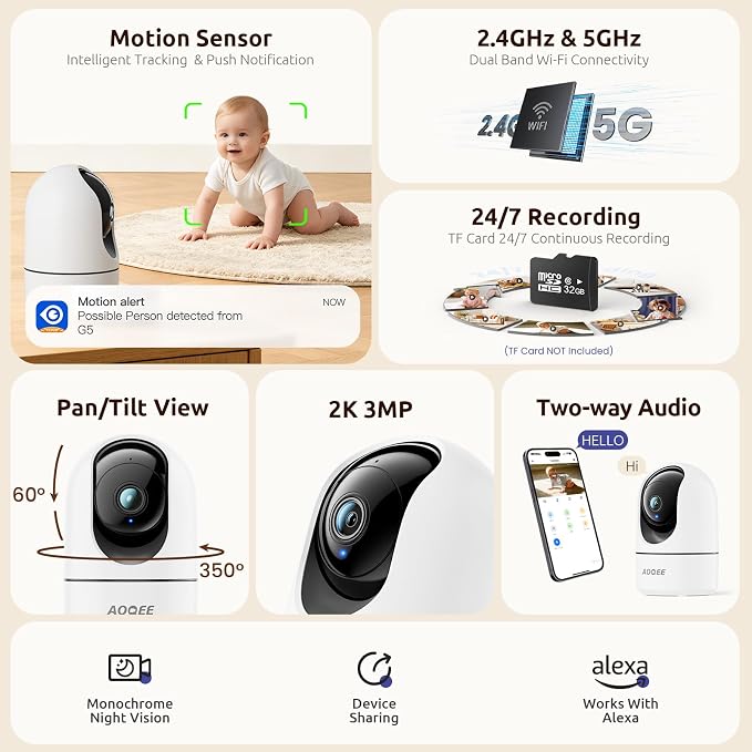 AOQEE 2K Baby Monitor, Security Camera Indoor, 360 Coverage PTZ, G5 1Pack | Baby Monitor with Camera and Audio, Auto Track, Motion Alert, Night Vision, Human Detection, Local TF Card & Cloud Storage
