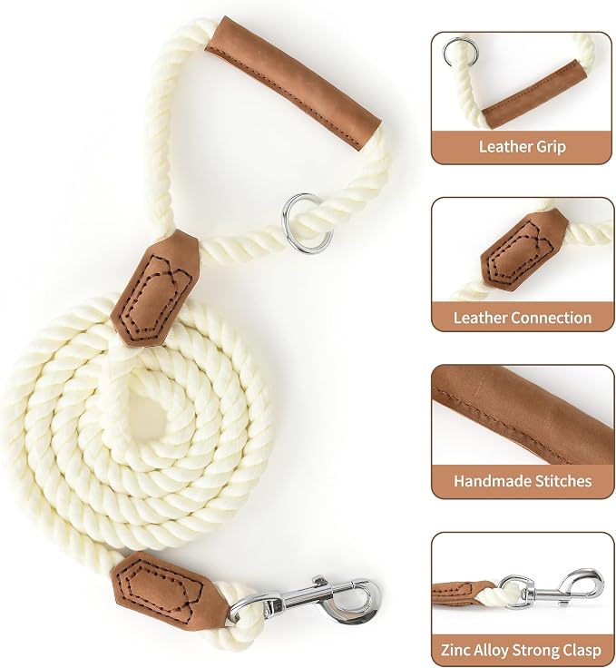 Mile High Life Dog Leash Braided Cotton Rope w/Leather-Wrapped Ends/Handle | Rust-proof 360° swivel clasp, Heavy-duty for medium/large breeds. Great for weddings, daily walks (4 FT, 1/2", White)