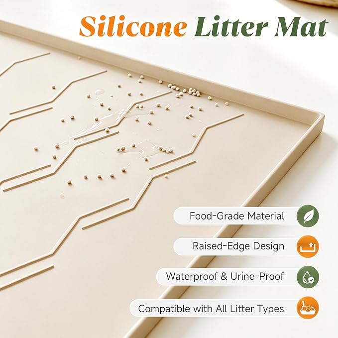 Songrey Silicone Cat Litter Mat 34" x 22", Large Litter Trapping Mat, Beige | Waterproof, Urine-Proof Litter Box Mat for Floor, Soft on Kitty Paws, Easy To Clean, Cat Supplies, Pet Feeding Mat