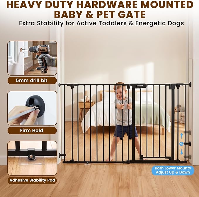 Mumeasy 150" Extra Wide Baby Gate, Play Yard Long Dog Gate for Doorways | Pet Gate Auto Close Walk Thru Door, Adjustable Large Child Safety Fence Gate for House Fireplace Outdoor,6 Metal Panels,Black