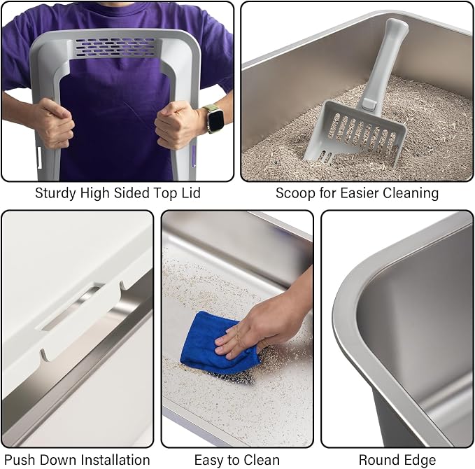 Stainless Steel Cat Litter Box with Lid,XL Extra Large Litter Box | Metal litter box for Big Cats with High Sided,2Pack,Non-Sticky,Easy Cleaning, Include Litter Mat & Scoop,23x14.6x9.9in