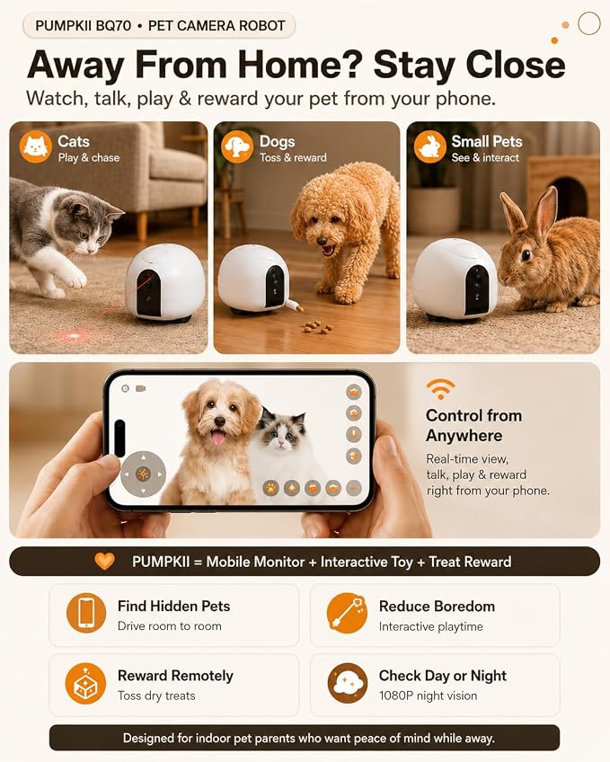 Pet Camera Robot with Treat Dispenser & Laser, Moving Cat Robot Camera for Dogs and Cats with Two-Way Audio, App Remote Control, Auto Recharge, Night Vision