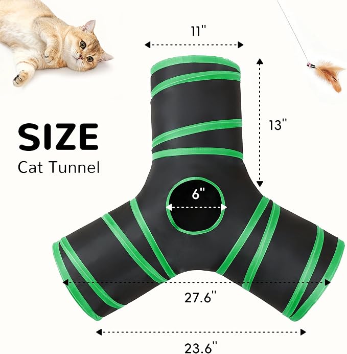 Tempcore Cat Tunnel for Indoor Cats, 3 Way Collapsible Pet Play Tunnel with Teaser Wand, Peek Holes & Hanging Ball, Interactive Tube for Kittens & Rabbits, Black & Green