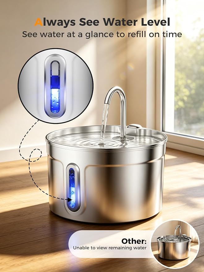 Stainless Steel Cat Water Fountain - 74oz/2.2L Ultra-Silent | 7 Filters Included, Visible Water Level, Dishwasher Safe, for Indoor Cats & Small Dogs