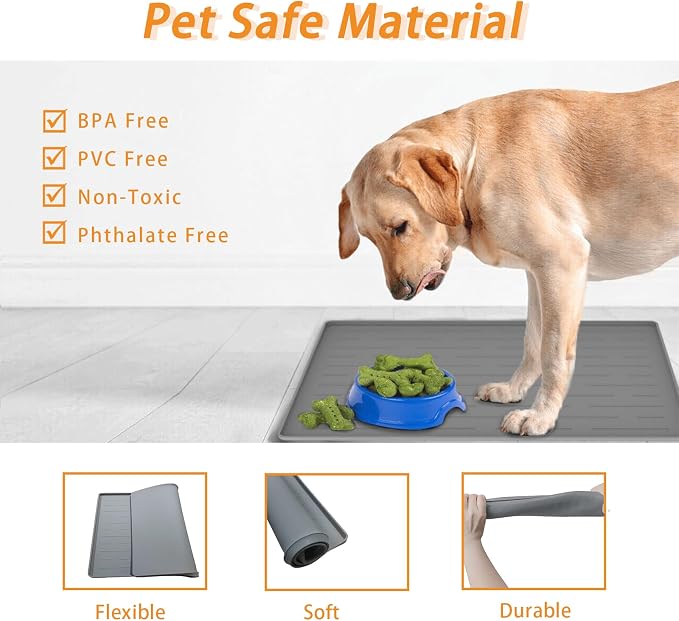 24" x 16" Dog Food Mat, Silicone Pet Mats for Food and Water, Nonslip Pet Feeding Mats for Floors, Dog Cat Bowl Mat with Raised Edges, Dark Gray