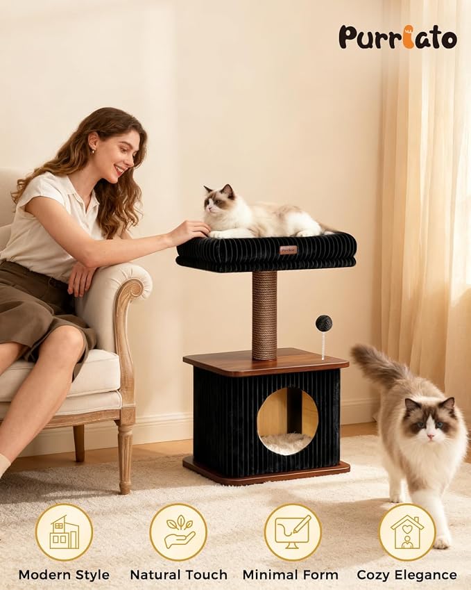 Nordic Loft Cat Tree, Compact 30" Walnut Wood Tower for Kittens | Walnut Wood Finish, Soft Padded Perch, Sisal Scratching Post, Cozy Hideaway Condo, Floor-Mounted Stable Base, Indoor Use