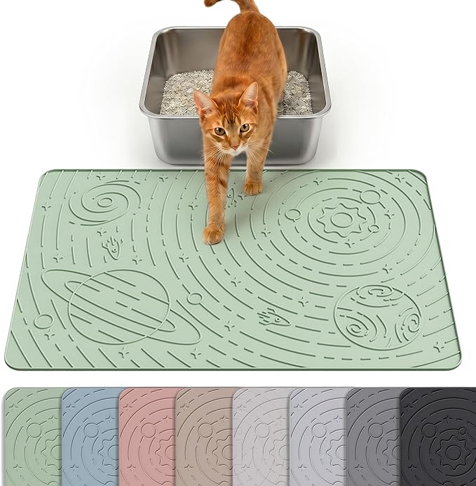 Cat Litter Mat Medium 23.6x15.7in, Sage Green Silicone Rubber Scatter Control Kitty Litter Box Trapping Mat, Waterproof Easy to Clean, Odorless Pet Supplies, Indoor Cat Essentials