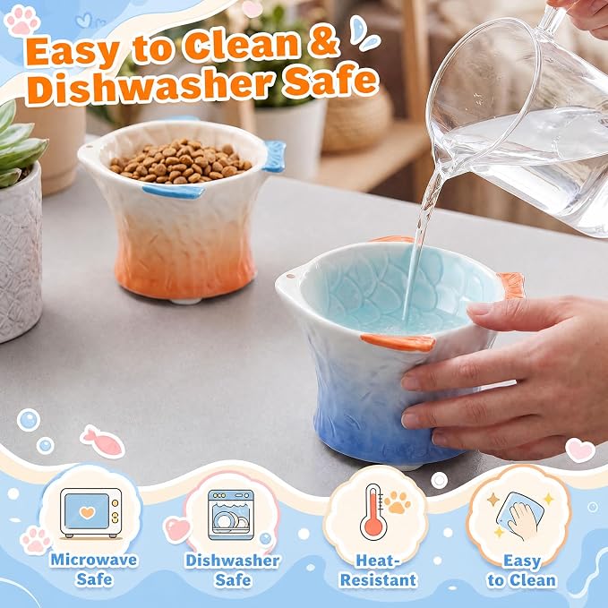 Tioncy 2 Pcs Raised Tilted Ceramic Cat Food Bowl Fish Shape Cute Elevated Slanted Shallow Angled Cat Dish Non Slip Feeder Bowl for Anti-Vomiting and Fatigue (Blue,Orange)