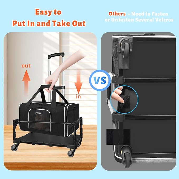 Petskd Small Pet Carrier 17"x11"x9.5" with Wheels Airline Approved, Black | for Alaska Airlines, Lockable Safety Zippers and Anti-Scratch Mesh, Pets Under 10 lbs