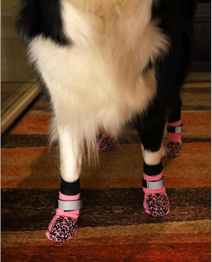 Dog Socks to Prevent Licking Paws, Anti Slip Dog Boots & Paw Protectors for Hardwood Floors, Toe Grips for Small Medium Large Senior Dogs, Dog Shoes for Hot/Cold Pavement(Pink Bone,XS)