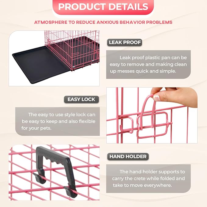 FDW Dog Crate for Large Dogs 42 Inch Folding Metal WirePet Cage Double Door W/Divider Panel Indoor Outdoor Kennel Leak-Proof Plastic Tray,Pink