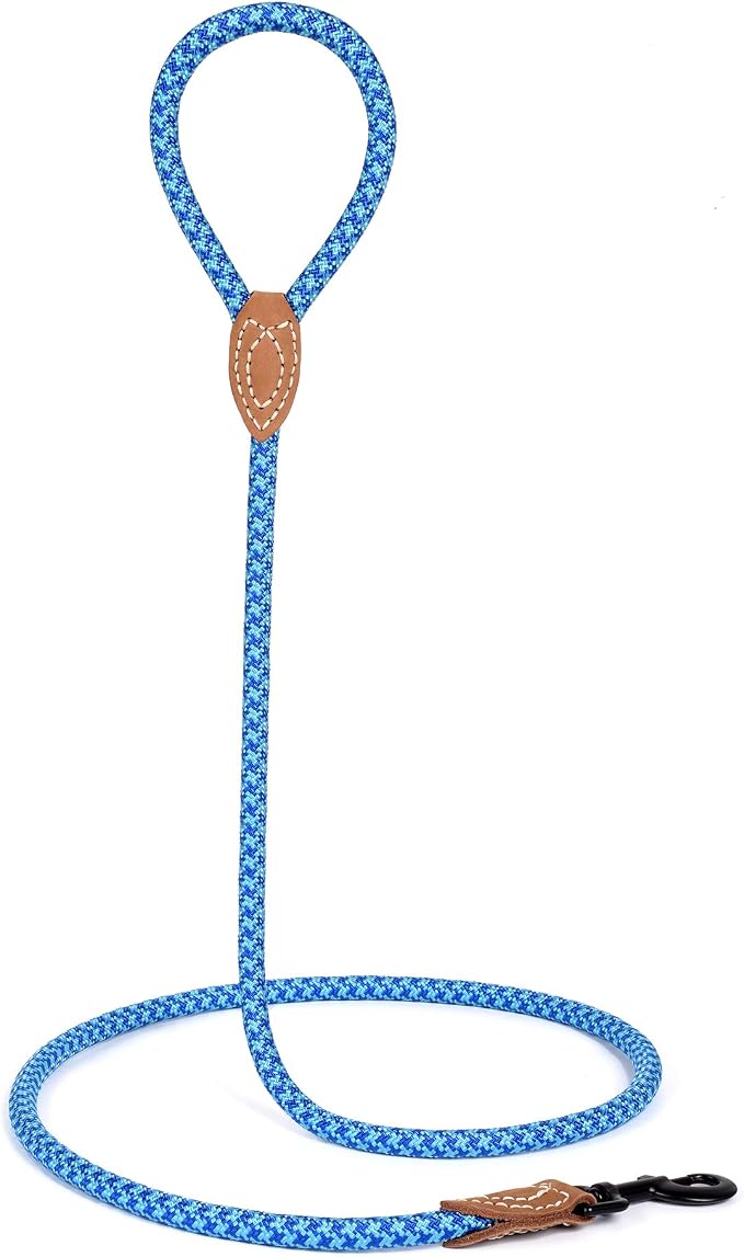 Mile High Life Dog Leash with Genuine Leather Connection, 6 FT/5 FT/4 FT | Rope Leash, Heavy Duty 360° Swivel Metal Clasp, for Small Medium & Large Dogs (Sky Blue, 60 Inch)