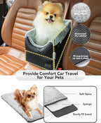 PETSFIT Dog Console Car Seat with Dual Adjustable Seat-Rail Anchor Hooks | Anti-Collapse Leather Armrest Booster Carseat with Safety Tether, Washable Cushion, Soft Pillow for Pets Under 8 lbs, Black