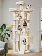 Taoqimiao Tall Cat Tree, 76In XL Cat Tower for Large Cats, 3 Padded Perches | Oversized Metal Hammock, 2 Big Condos, 1-Piece Ramp Scratcher, 7 Natural Sisal Posts, Hanging Basket, Beige, MS047M