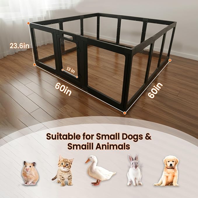 Transparent Indoor Dog Playpen with Safety Lock, Indoor Dog Fence for Small & Medium Pets | Secure, Stylish, Easy Clean Play Pen for Dogs & Pets with Scratch Resistant Panels (Black, 12 Panels)