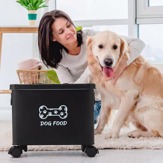 Dog Food Container 13 lb Cute Airtight Food Storage Containers with Metal Lid Scoop Black Metal Storage Bin for Dog Cat with Wheels