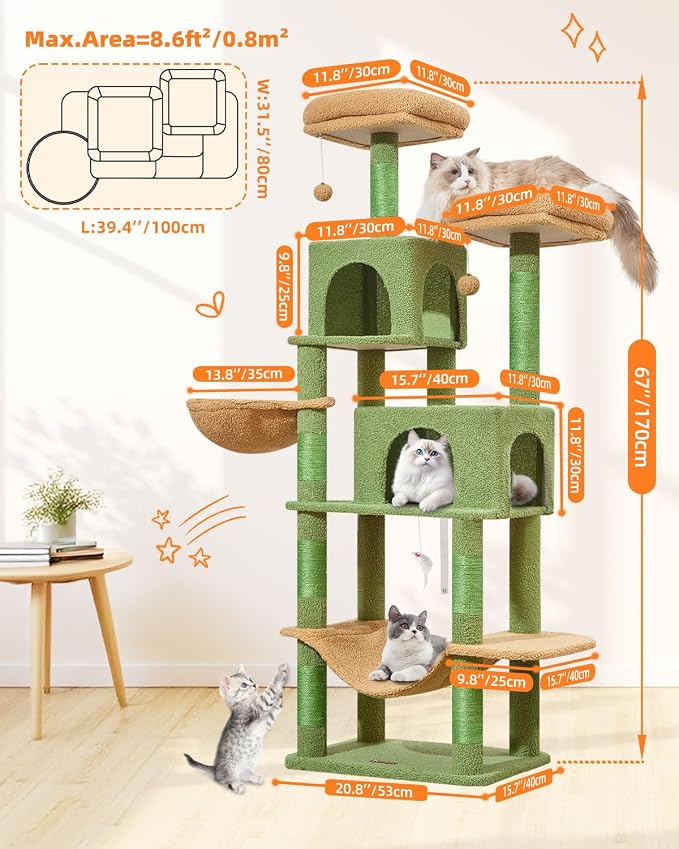 Taoqimiao Cactus Cat Tree, 66.2 in Tall Cat Tower with 2 Plush Cat Condos | 7 Scratching Posts, 2 Top Perches, Cozy Hammock & Basket, Indoor Cats, 2 Pompoms & Mouse Toy, MS013T