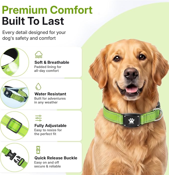 GPS Dog Collar Tracker 2-in-1,Reflective Waterproof Pet Collar,iOS-Only,No Monthly Fees,Unlimited Range,Dog Tracking Collar Pet Tracker,for Small Medium Large Dogs(XS (10.5"-13.5"), Green)
