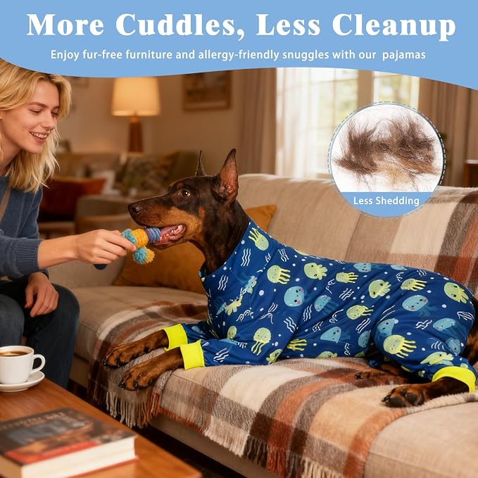 Large Dog Pajamas Pet Recovery Shirt Dog Pjs Cute Lightweight Stretchy Knit Pullover Large Dogs Pajamas Onesie for Small, Medium and Large Breeds (XX-Large (40-55lb), Blue Jellyfish)