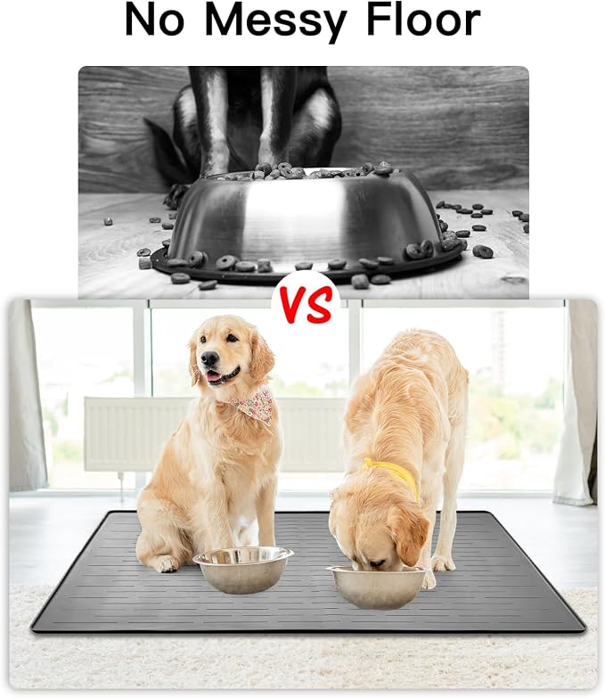 39.4"x29.5" Largest Pet Food Mat, Silicone Dog Mats for Food and Water, Nonslip Pet Feeding Mats for Floors,Dog Cat Bowl Mat with Raised Edges, Gray White