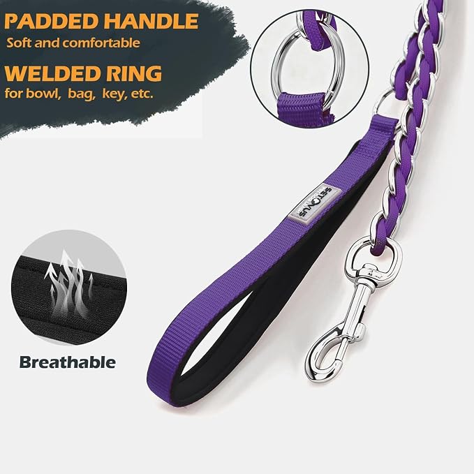 S-ETOVUS-Chain Dog Leash, Bite-Proof Metal Leash, with Padded Handle | Three Sizes 7.25FT/5.2FT/4FT, Woven From Nylon Rope And Chain, Durable And Bite-Resistant, Comfortable With Padded Handles.