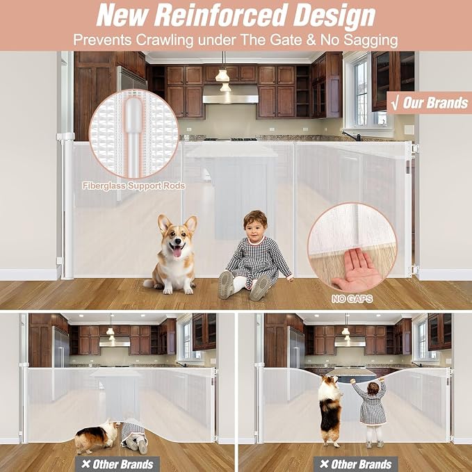 Reinforced 42" Extra Tall x 75" Wide Retractable Gate with Support Rods - Prevent Crawling Under Extra Tall Baby Gate Retractable Dog Gate Indoor Long Dog Gate Outdoor Retractable Pet Gate, White | Tall Retractable Baby Gate Prevents Crawling Under, Sp...