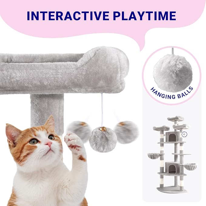 Allewie 73in Fan-Shaped Space-Saving Corner Cat Tower/Multi-Level Tall Cat Tree for Indoor Kitties/Cozy Baskets/Condos/House/Perches/Sisal Scratching Posts/Pet Activity Center/Grey