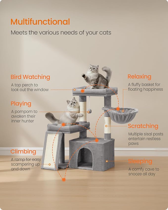Feandrea Cat Tree, Cat Tower Condo Scratching Posts and Ramp, Dove Gray | 2 Large Perches, Cave, Basket, 33.8 Inches Tall, A Little Ball Dove Gray