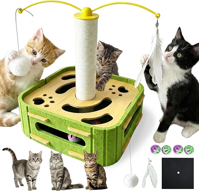 Cat Nail File Scratcher Boxs,Interactive Cats Puzzle Toys with Sisal Column Bell Balls,Indoor Cat Maze Hunting Game Toy for Scratching Mental Stimulation Boredom Relief