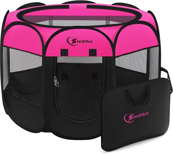 Siedihit Dog Cat Playpen, Large Puppy Pet Playpen, Dog Crate Tent Cage | Indoor/Outdoor, Portable Pop Up Dogs Kennel Playpen with Carrying Case for Dogs/Cats/Rabbits, Hot Pink