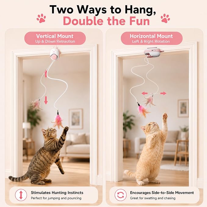 Interactive Cat Toys for Indoor Cats,Automatic Hanging Door Cat Teaser Feather Toy with 6 Accessories,2 Modes,Auto Pause & USB Rechargeable Electric Cat Chase Toy,Safe for Bored Adult Kitten-Pink