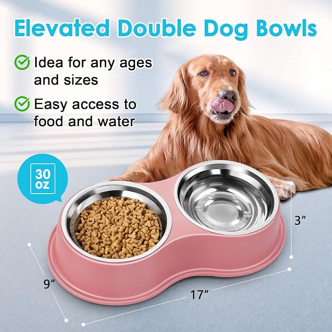 Epetslove Stainless Steel Dog Bowls Double Non-Slip Dog Water and Food Bowl | Pet Feeder Bowls, Dog Dishes, Raised Feeding Design, Double Bowls Set, For Puppies, Medium Dogs and Cats, Outdoor / Indoor