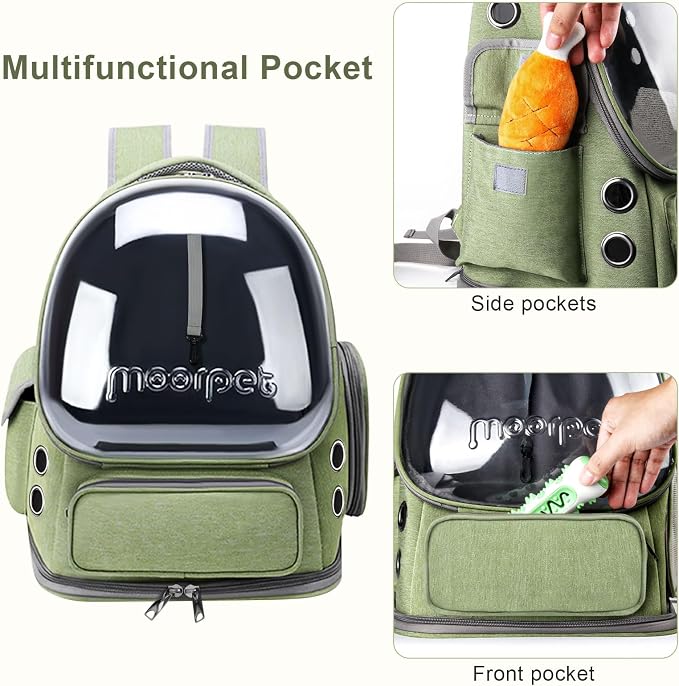 Cat Backpack Carrier, Breathable Cat Carrier Large Space Bubble Pet Backpack for Kitty Small Dog up to 20lbs, Transparent & Foldable Pet Carrier for Travel Hiking, Green