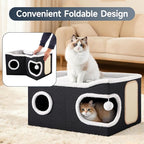 Shikha Extra Large Cat House Bed for Multi Cats with Scratch Pad Black | 24 x 17.7 x 12.6 IN Widen Cat Cave Cube for Multi Pets, Foldable, Arc-Edge Design, Oval Door, All Seasons Reversible Cushion