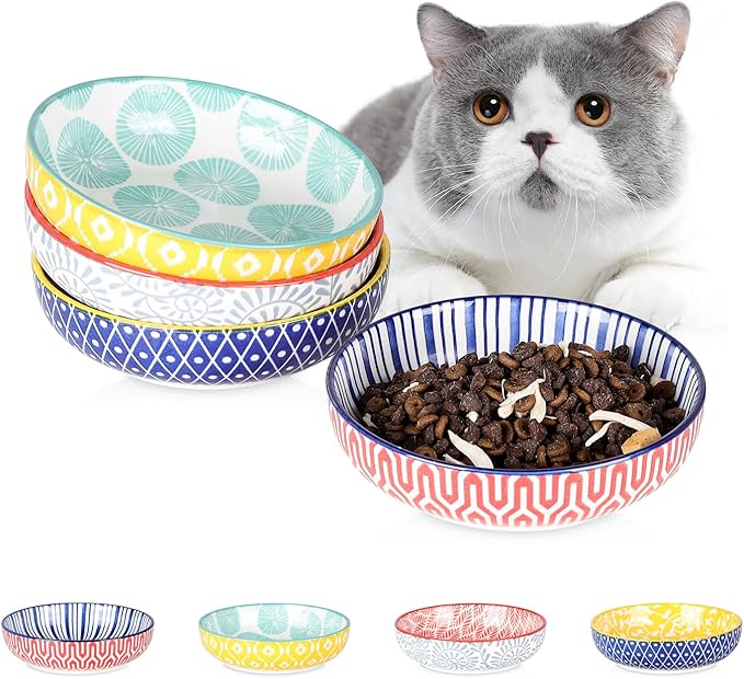 Selamica Ceramic Cat Food Bowl Set of 4, 5.6 Inch Wide Shallow Cat Bowls/Dishes for Food and Water, Assorted Colors