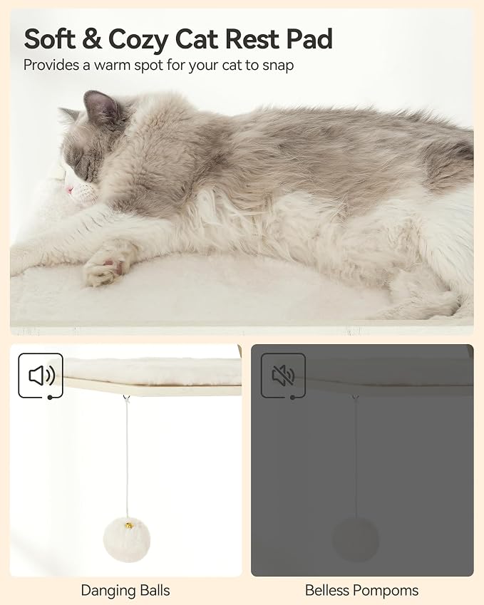 FourFurPets 72.4" Cat Tree, Modern Cat Tower for Indoor Cats, Multi-Level Cat Condo with Caves, Tall Cat Tree with Cat Scratching Board, Wooden Cat Tower with Large Perch, Removable Pads, White